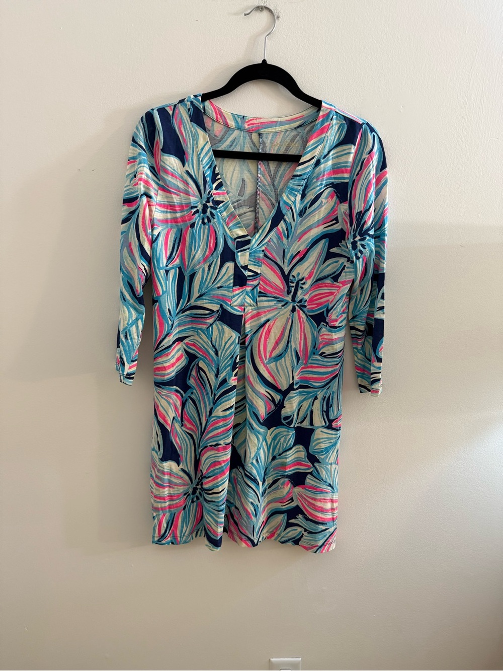 Lilly Pulitzer Navy, Pink & Aqua Floral V-Neck Tunic Dress